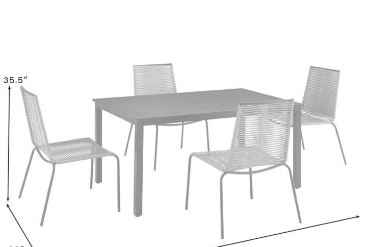 Featuring four armless chairs and a rectangular dining table