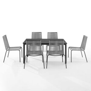 the Fenton 7pc Dining Set offers sleek simplicity for outdoor dining. The chairs feature flat wicker with a rope look and are stackable for easy storage. Offering ample eating space