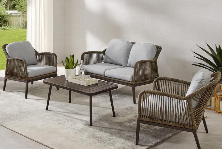 The Haven 4pc Conversation Set delivers an on-trend look in a traditional package with the look of natural rope over powder-coated steel. Outfitted with lush weather-resistant cushions