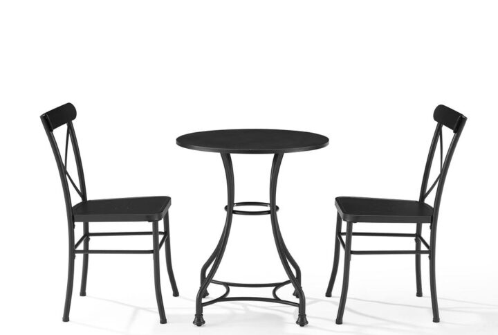Astrid 3pc Outdoor Bistro Set offers intimate dining with a French flair. Constructed of powder-coated steel
