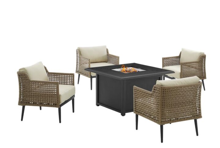 Turn your patio into a warm coastal retreat with the Southwick 5pc Conversation Set with Fire Table. Crafted to withstand the whims of mother nature