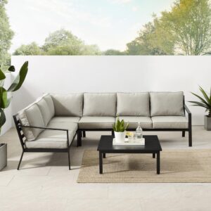 the sectional sofa has a powder-coated steel frame topped with thick