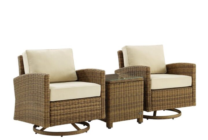 Outdoor relaxation has never looked better than with the Bradenton 3pc Chair Set. The sturdy steel frames of this patio set are wrapped in beautiful all-weather wicker while the chairs offer a high-quality rocking and swivel base for smooth