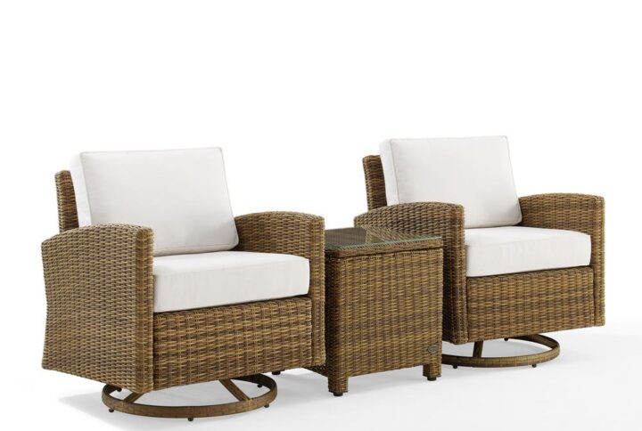 Outdoor relaxation has never looked better than with the Bradenton 3pc Chair Set. The sturdy steel frames of this patio set are wrapped in beautiful all-weather wicker while the chairs offer a high-quality rocking and swivel base for smooth