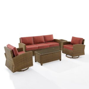 Gather with friends for an evening under the stars with the Bradenton 5pc Swivel Rocker Sofa Set.  Each piece of the set features sturdy steel frames wrapped in beautiful all-weather wicker