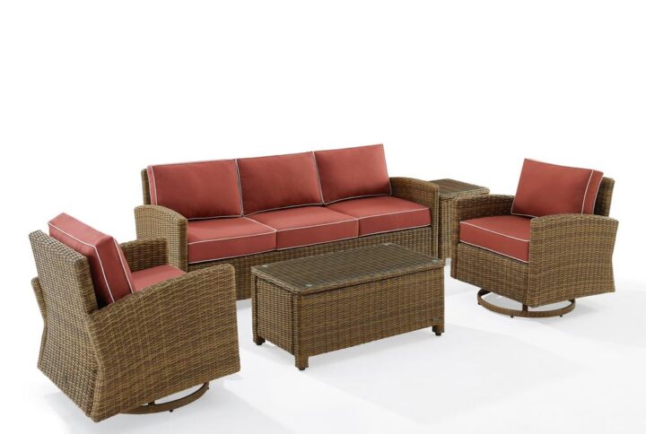 Gather with friends for an evening under the stars with the Bradenton 5pc Swivel Rocker Sofa Set.  Each piece of the set features sturdy steel frames wrapped in beautiful all-weather wicker