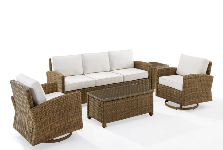 Create a relaxing retreat on your patio or deck with the Bradenton 5pc Swivel Rocker and Sofa Set. Each piece of the set features sturdy steel frames wrapped in beautiful all-weather wicker