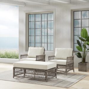 Create the look of an island retreat with the Thatcher 3pc Outdoor Chair Set. This patio set features sturdy steel frames wrapped in beautiful all-weather resin wicker and thick weather-resistant cushions. The coffee table ottoman is designed with versatility in mind. Add extra seating or prop up your feet with the included cushion