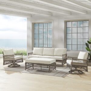 Create the look of an island retreat with the Thatcher 4pc Swivel Rocker and Sofa Set. This set features sturdy steel frames wrapped in beautiful all-weather resin wicker and thick weather-resistant cushions. The rockers feature high-quality rocking and swivel bases for smooth