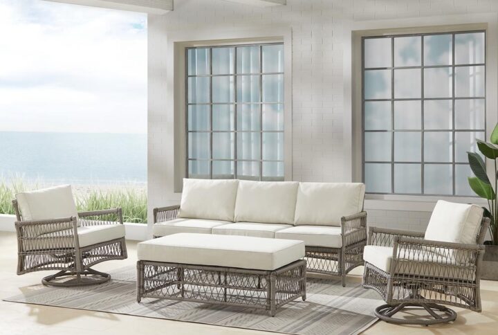 Create the look of an island retreat with the Thatcher 4pc Swivel Rocker and Sofa Set. This set features sturdy steel frames wrapped in beautiful all-weather resin wicker and thick weather-resistant cushions. The rockers feature high-quality rocking and swivel bases for smooth