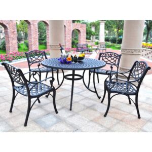 this set is made from sturdy cast-aluminum and has a powder-coated finish. The chairs have wide