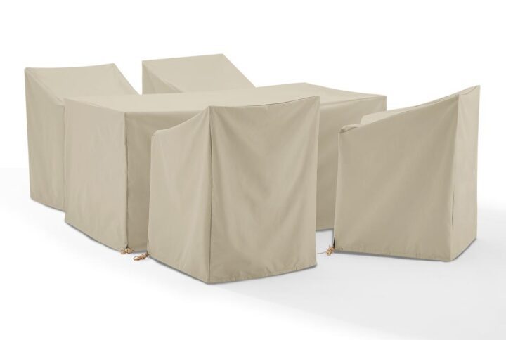 Give shelter to your patio furniture set with this 5pc universal protective outdoor cover set. Sewn from heavy gauge