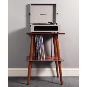 this sleek mid-century piece provides the perfect display for your turntable. The wire slots below help you properly store your favorite records while also keeping them handy for your next jam sesh.