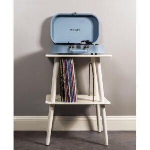 this sleek mid-century piece provides the perfect display for your turntable. The wire slots below help you properly store your favorite records while also keeping them handy for your next jam sesh.