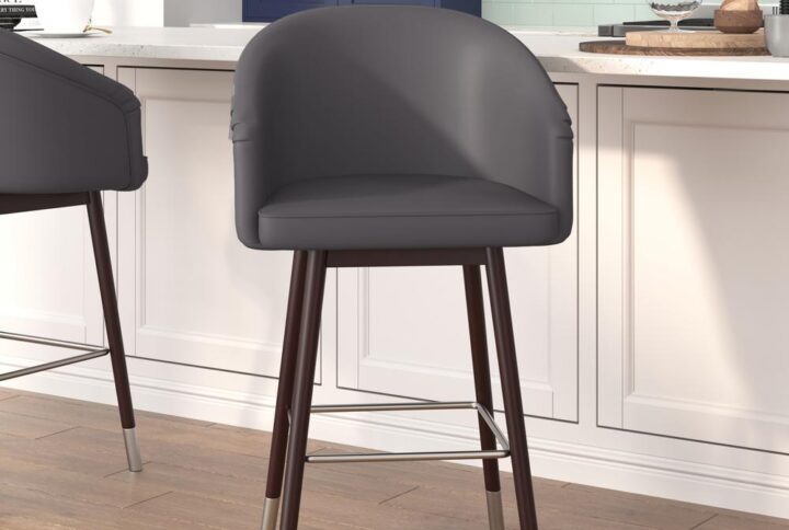 Bring your home or business into the 21st century with the modern trendy style of this set of 2 commercial grade stool available in bar and counter heights. Covered in soft and durable LeatherSoft upholstery and boasting soft bronze accents on the legs and footrest