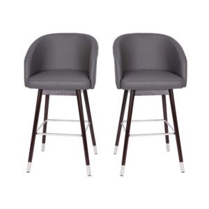 Bring your home or business into the 21st century with the modern trendy style of this set of 2 commercial grade stools available in bar and counter heights. Covered in soft and durable LeatherSoft upholstery and boasting brushed silver accents on the legs and footrest