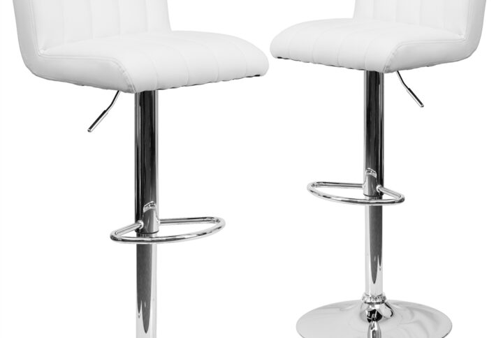 This designer chair will make an attractive statement in the home. The height adjustable swivel seat adjusts from counter to bar height with the handle located below the seat. The chrome footrest supports your feet while also providing a contemporary chic design.
