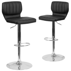 This designer chair will make an attractive statement in the home. The height adjustable swivel seat adjusts from counter to bar height with the handle located below the seat. The chrome footrest supports your feet while also providing a contemporary chic design. To help protect your floors
