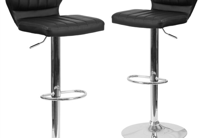 This designer chair will make an attractive statement in the home. The height adjustable swivel seat adjusts from counter to bar height with the handle located below the seat. The chrome footrest supports your feet while also providing a contemporary chic design. To help protect your floors
