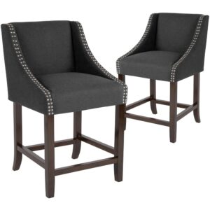 Bring warmth and comfort to your home while adding some world class elegance with this set of 2 classically sophisticated charcoal counter stools. Have breakfast at your kitchen island or hang out with friends around the dining room table in style. Boasting durable fabric upholstery paired with decorative nail head trim