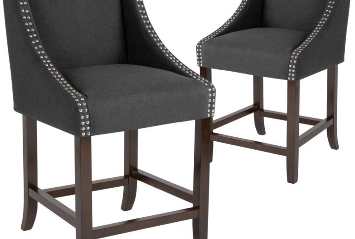 Bring warmth and comfort to your home while adding some world class elegance with this set of 2 classically sophisticated charcoal counter stools. Have breakfast at your kitchen island or hang out with friends around the dining room table in style. Boasting durable fabric upholstery paired with decorative nail head trim