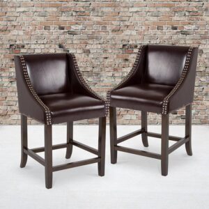 Bring warmth and comfort to your home while adding some world class elegance with this set of 2 classically sophisticated brown counter stools. Have breakfast at your kitchen island or hang out with friends around the dining room table in style. Boasting soft and durable LeatherSoft upholstery paired with decorative nail head trim