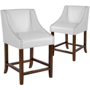 Bring warmth and comfort to your home while adding some world class elegance with this set of 2 classically sophisticated white counter stools. Have breakfast at your kitchen island or hang out with friends around the dining room table in style. Boasting soft and durable LeatherSoft upholstery paired with decorative nail head trim