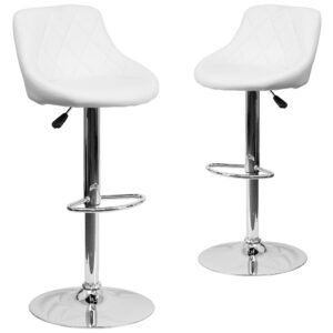 This dual purpose stool easily adjusts from counter to bar height. The bucket seat design will make this a great accent chair around the bar area or kitchen. The easy to clean vinyl upholstery is an added bonus when stool is used regularly. The height adjustable swivel seat adjusts from counter to bar height with the handle located below the seat. The chrome footrest supports your feet while also providing a contemporary chic design.