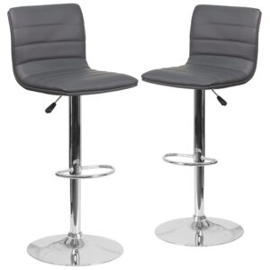 This modern barstool is upholstered in a durable vinyl upholstery and adjusts from counter to bar height. This armless design is gracefully contoured for your comfort. The height adjustable swivel seat adjusts from counter to bar height with the handle located below the seat. The chrome footrest supports your feet while also providing a contemporary chic design. To help protect your floors