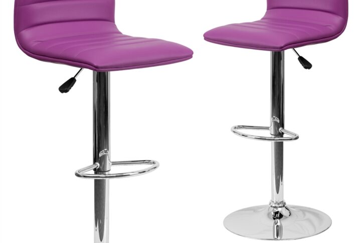 This modern barstool is upholstered in a durable vinyl upholstery and adjusts from counter to bar height. This armless design is gracefully contoured for your comfort. The height adjustable swivel seat adjusts from counter to bar height with the handle located below the seat. The chrome footrest supports your feet while also providing a contemporary chic design.