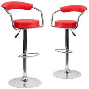 This dual purpose stool easily adjusts from counter to bar height. This open back retro style stool with arms will look great around the bar or kitchen. The easy to clean vinyl upholstery is an added bonus when stool is used regularly. The height adjustable swivel seat adjusts from counter to bar height with the handle located below the seat. The chrome footrest supports your feet while also providing a contemporary chic design.