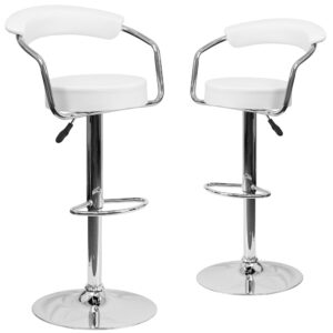 This dual purpose stool easily adjusts from counter to bar height. This open back retro style stool with arms will look great around the bar or kitchen. The easy to clean vinyl upholstery is an added bonus when stool is used regularly. The height adjustable swivel seat adjusts from counter to bar height with the handle located below the seat. The chrome footrest supports your feet while also providing a contemporary chic design.