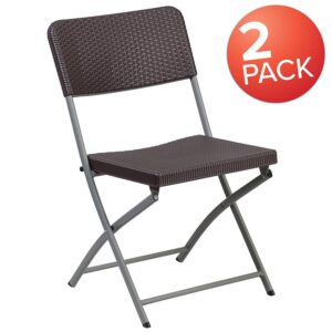 Add some pizzazz to your residential or commercial space with this stylish folding chair. This plastic chair has a woven rattan design throughout that offers an appealing look and is suitable for indoor or outdoor use. The durable steel tubular frame