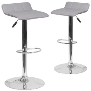 This sleek dual purpose stool easily adjusts from counter to bar height. The overall design is casual and contemporary which allow it to seamlessly accent any area in the home. The easy to clean vinyl upholstery is perfect when being used on a regular basis. The height adjustable swivel seat adjusts from counter to bar height with the handle located below the seat. The chrome footrest supports your feet while also providing a contemporary chic design. To help protect your floors