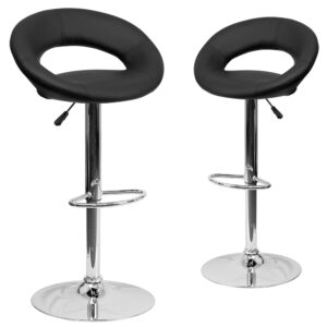 The orbit shaped support and round seat of this adjustable bar or counter stool is upholstered in a durable