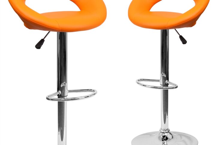 The orbit shaped support and round seat of this adjustable bar or counter stool is upholstered in a durable