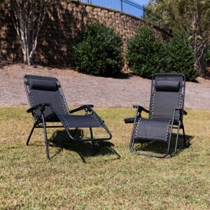 Have the most comfortable seat in the whole neighborhood when you treat yourself to this set of 2 black zero gravity chairs. Not only does this zero gravity lounge chair set give you amazing weightless comfort