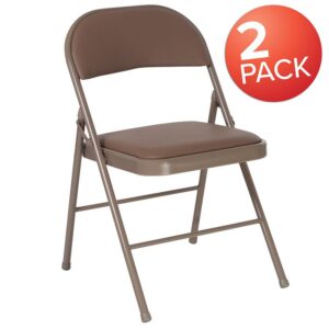 When your guest brings a surprise plus one handle the situation with ease by pulling out this classic metal folding chair with vinyl upholstery. This folding chair is built for everyday or occasional use in your business or home. The padded folding chair is upholstered in beige vinyl that is easy to clean and coordinates seamlessly with the frame. Its 18-gauge curved steel frame is double braced with leg strengthening support bars to hold up to 225 pounds while the non-marring floor glides protect your flooring from scuffs and scrapes. These portable folding chairs fold compactly to transport and store. Don't stay confined inside