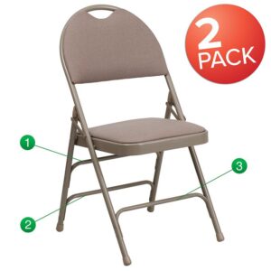 You'll rethink the way that you look at folding chairs once you purchase one of these ultra-premium folding chairs that are designed for comfort with its higher back style. Visitors won't mind coming to your place of business and having to wait when you offer padded seating that fully supports their backs. This portable chair has a carrying handle to make transporting much easier when storing away. Take advantage of the good weather by hosting parties outdoors with these outdoor metal chairs. Ensure lasting use by storing indoors and protecting your frame from extreme moisture. These metal folding chairs are commercial grade to withstand heavy and daily usage in any industry. Its 18-gauge curved powder coated steel frame is triple braced with leg strengthening support bars to hold up to 300 pounds. Non-marring floor glides on the legs protect your floors by sliding smoothly when you move them. The uses are endless with multi-purpose chairs to fulfill your seating needs for your business or home. With nothing to assemble these chairs come ready to service your needs.