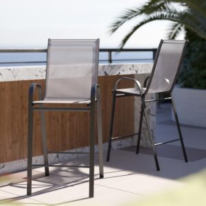 Furnish your outdoor space with this patio bar stool that coordinates well with our glass bar height metal patio bar table. Use this barstool with back as additional outdoor seating around your deck and patio when you have gatherings. As an added bonus these stackable patio stools stack up to 4 high for storage. The patio dining stool is very comfortable in a textilene upholstery that is breathable to keep you cool during the hot summer months. The sling style stool with footrest provides a comfortable resting place for your feet
