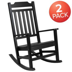 patio or deck in this set of 2 all-weather black faux wood rocking chairs. No matter your decorating style