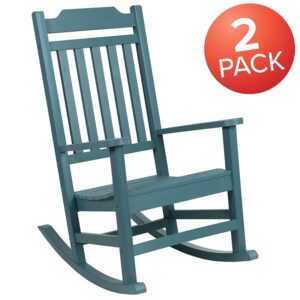 patio or deck in this set of 2 all-weather teal faux wood rocking chairs. No matter your decorating style