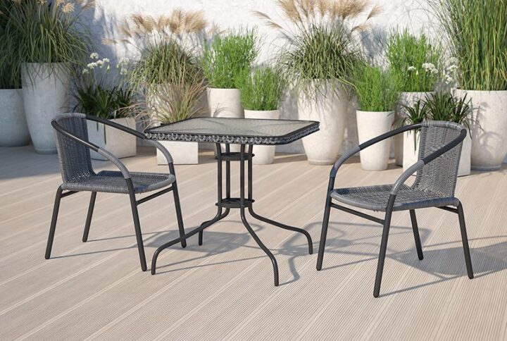 Complement your terrace and patio with these beautiful rattan chairs to surround a patio table or to seat waiting guests in the lobby. Versatile inside and outside the restaurant these lightweight stack chairs are a practical choice for any business. The full back with integrated arms provides comfort to customers. When used indoors the metal chairs have floor glides to protect your flooring and stack up to 23 high to clean floors and to store. Get cozy around the fireplace in winter months and place near your pool when it's nice outside. The all-weather frame is designed for use throughout the year