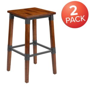 on-trend industrial look when furnishing your establishment with this set of 2 richly hued wooden backless dining bar stools. The marriage of wood and metal blends seamlessly giving this backless stool an up to date appearance that will make an attractive addition to your restaurant
