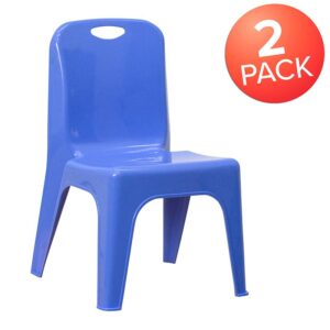 daycare facility or their playroom with this plastic stackable school chair! This colorful blue chair is the perfect size for Preschool to Kindergarten sized children. Having young children sit in a chair that is designed for them is important in developing proper sitting habits that will last them a lifetime. This chair is made of high-impact polypropylene and is designed without the use of any metal pieces to prevent injury. Not only are these chairs designed properly