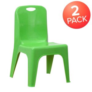 daycare facility or their playroom with this plastic stackable school chair! This colorful green chair is the perfect size for Preschool to Kindergarten sized children. Having young children sit in a chair that is designed for them is important in developing proper sitting habits that will last them a lifetime. This chair is made of high-impact polypropylene and is designed without the use of any metal pieces to prevent injury. Not only are these chairs designed properly