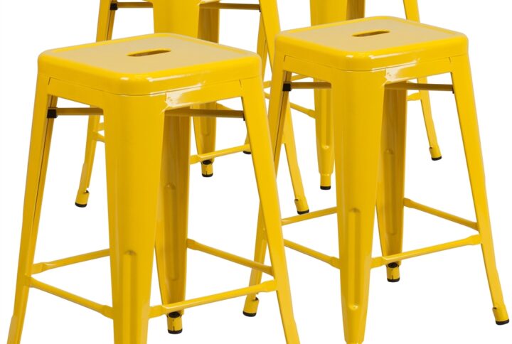 This stool will add a modern industrial appearance to your home or work space. This space-saving stool is stackable making it great for storing. A cross brace underneath the seat adds extra stability and features plastic caps that prevent the finish from scratching when stacked. The legs have protective rubber feet that prevent damage to flooring. This all-weather use stool is great for indoor and outdoor settings. For longevity