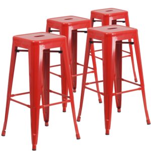 This stool will add a modern industrial appearance to your home or work space. This space-saving stool is stackable making it great for storing. A cross brace underneath the seat adds extra stability and features plastic caps that prevent the finish from scratching when stacked. The legs have protective rubber feet that prevent damage to flooring. This all-weather use stool is great for indoor and outdoor settings. For longevity