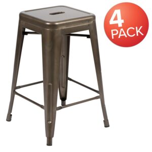 and floor glides protect your floor by sliding smoothly when you need to move the stool. Use the cutout in the seat to carry the stool easily. Outfit your eatery with these beautiful stools. The classic metal stool looks extraordinary when matched with metal or rustic dining tables. The bistro stools offer a chic option in contrast to conventional wood seating and are built for indoor use. The space-saving stool with tapered frame stacks up to 10 high for storage. Plastic bumper guards protect the frame finish while the stools are stacked. Purchase this pack of 4 counter-height stools for your kitchen island for an immaculate look when pushed under the overhang.