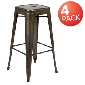 and floor glides protect your flooring. Use the cutout in the seat to carry the stool easily. Outfit your eatery with these beautiful stools. The classic metal stools look extraordinary when matched with metal or rustic dining tables. The bistro stools offer a chic option in contrast to conventional wood seating and are built for indoor use. The space-saving stool with tapered frame stacks up to 10 high for storage. Plastic bumper guards protect the frame finish while the stools are stacked. Complete your dining set by pairing the 4 metal stools with our metal indoor-outdoor bar table. Backless barstools provide a clean look at the dinner table.